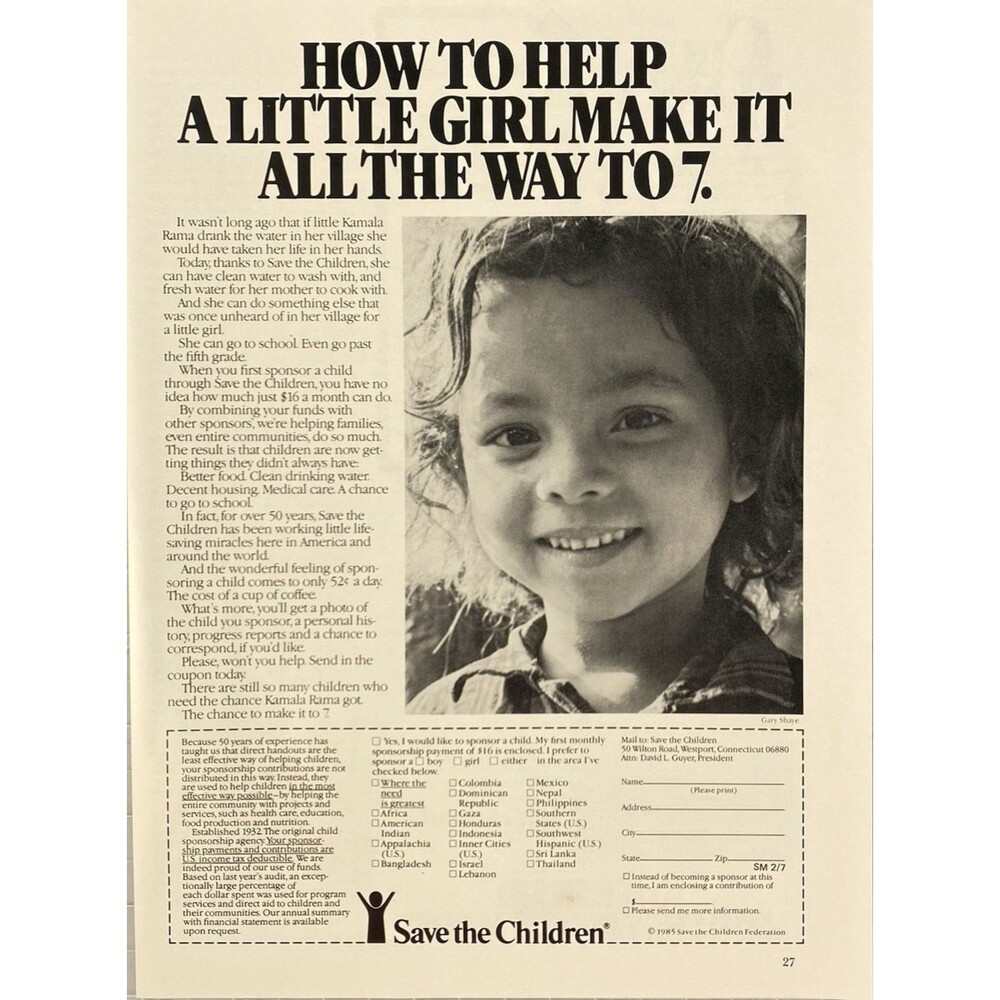 Save the Children "How to Help a Little Girl Make it to 7" Vintage Print Ad 1987